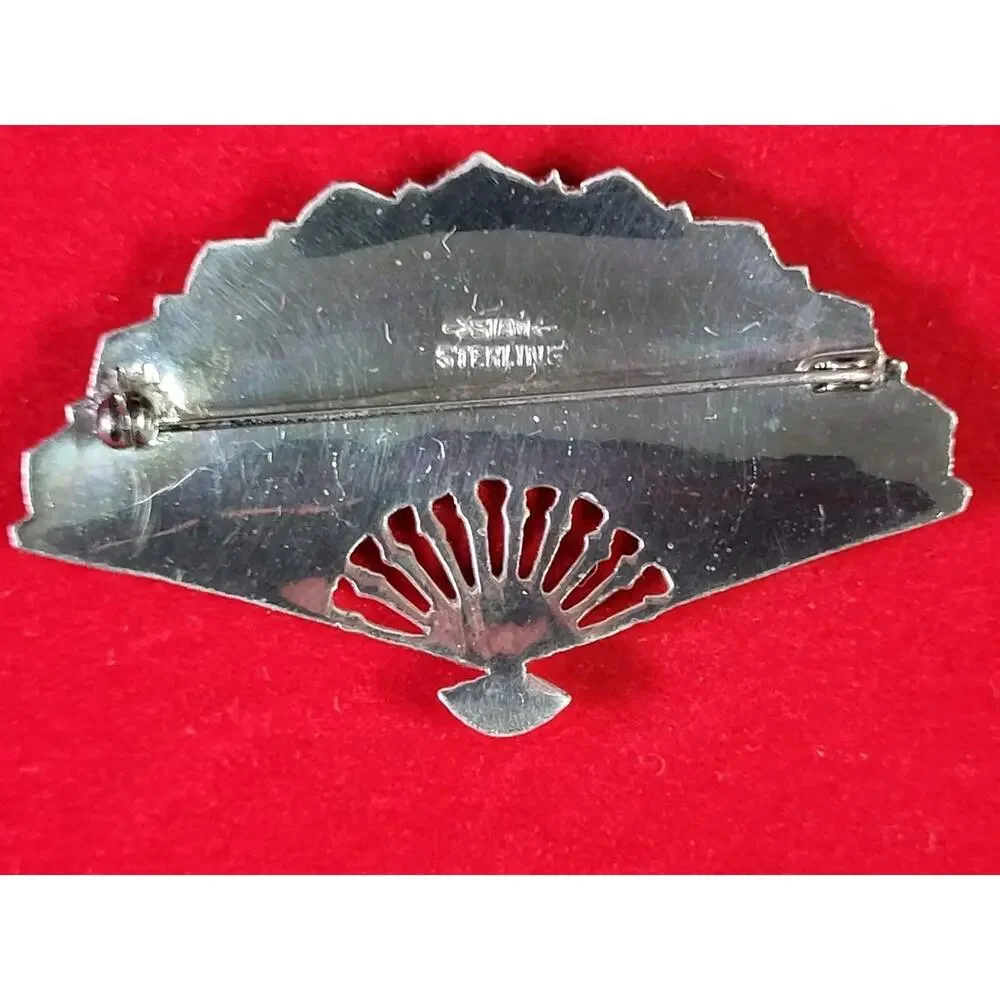 Vintage Rare Siam Goddess Sterling Silver Fan Brooch White Enamel